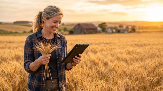Smiling female farmer holding wheat ears and looking at digital tablet in field at golden sunset. Woman agronomist examining crop yield. Smart farming, agriculture technology, harvest.
