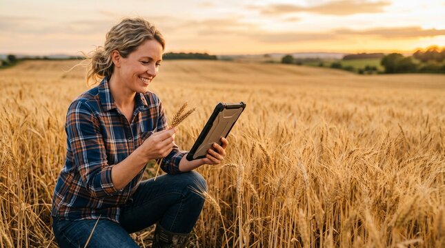 Smiling female agronomist using tablet computer examining wheat ears in field. Professional woman farmer checking harvest quality. Smart farming, commercial agriculture and innovative technology.