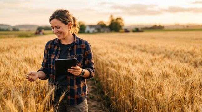 Happy female farmer with digital tablet walking in golden wheat field examining crop at sunset. Cheerful woman agricultural scientist checking wheat ears quality during harvest.