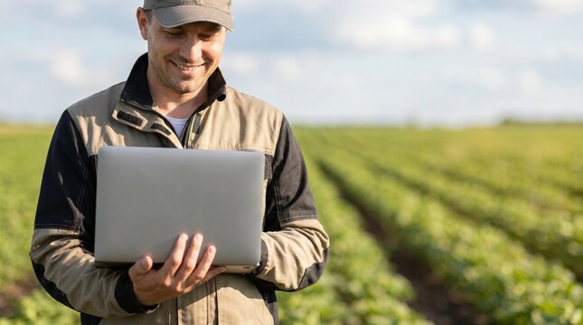 Happy professional farmer agronomist in uniform cap standing in agricultural field using laptop computer. Concept of modern smart farming technology and agricultural business. High quality stock 