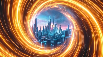 Fototapeta premium Interdimensional portal opening to futuristic city skyline. Glowing energy vortex framing sci-fi metropolis with towering skyscrapers.