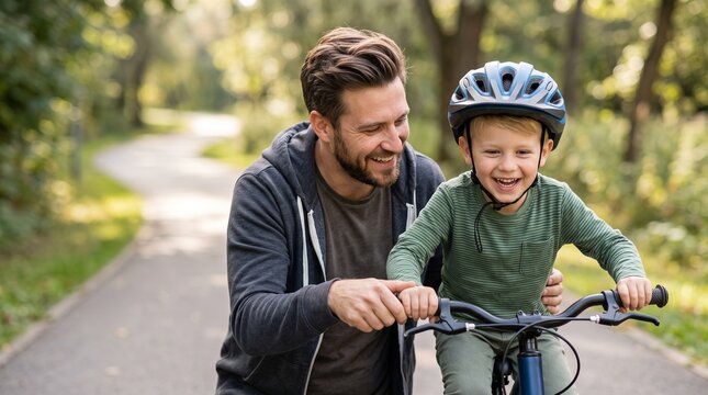 Happy caucasian father teaching his joyful little toddler son how to ride a bicycle in a sunny park road, active lifestyle family parenting and childhood development summer recreation outdoor.