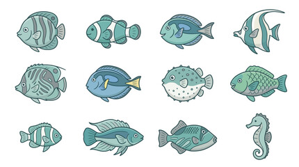 Assorted ocean fish and seahorse icons in blue. © Puput