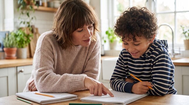 Caring mother explaining math lesson to curly haired little son writing in notebook at kitchen table home education concept