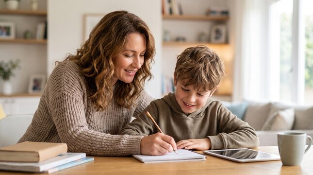 Happy mother helping school boy son with homework drawing notebook using digital tablet computer at home table
