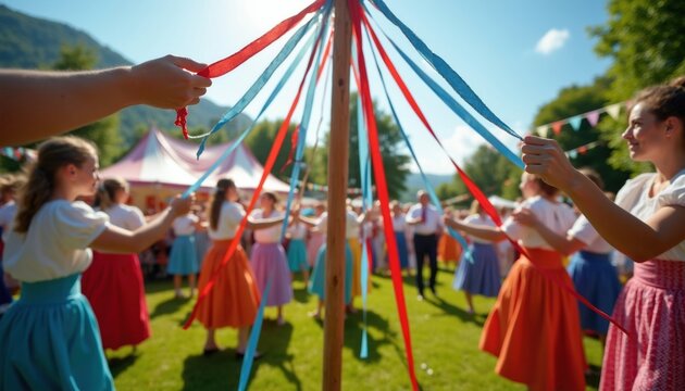 People dance around maypole with colorful ribbons in sunny day. Community celebrate spring festival together outdoors. Traditional folk custom event, joyful gathering.