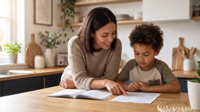 Caring mother helping her mixed-race young son doing school test at kitchen table. Happy family lifestyle, private homeschooling, elementary education and tutoring concept.