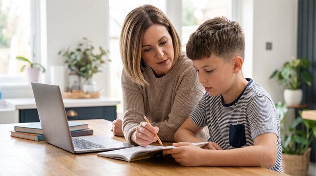 Caring mother helping her young son child with homework school assignment looking at laptop together at home. E-learning, remote education, homeschooling family concept. High quality stock photog
