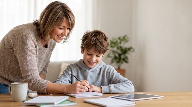 Happy mother helping schoolboy son writing in notebook during remote online learning lesson with digital tablet. Homeschooling, private tutoring and family education concept. High quality stock p