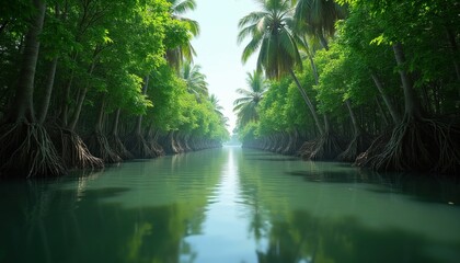 Obraz premium Glimpse down a calm green river channel bordered by rich green mangrove trees and coconut palms with exposed roots. Sunlight filters through the canopy creating a serene natural panorama.