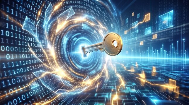 Golden key unlocking digital portal surrounded by binary code and energy streams. Cybersecurity concept for data protection and system access.