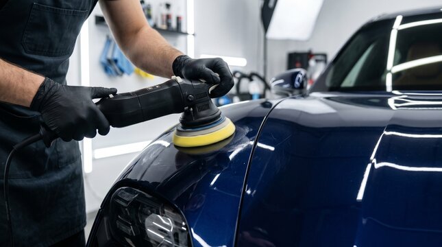 Auto detailing specialist polishing dark blue vehicle hood. Close up of professional worker using electric buffer machine for car paint restoration and scratch removal in service garage.