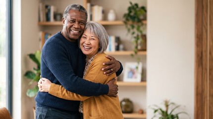 Fototapeta premium Cheerful mature diverse couple embracing in cozy living room smiling senior african american husband and asian wife looking at camera loving retirement concept