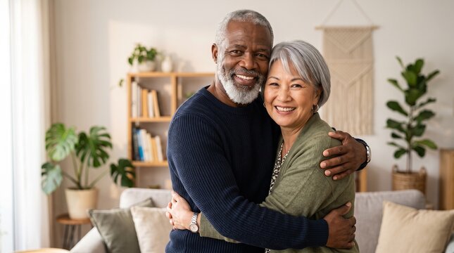 Happy senior diverse couple hugging at home smiling mature black man and asian woman embrace retired family lifestyle love relationship financial stability retirement concept