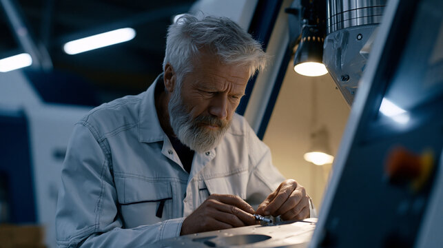 Solitary male machinist at the end of a night shift removes a finished titanium aerospace bracket from a five-axis CNC machine, measuring the part with a micrometer under a