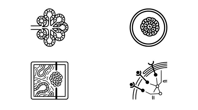 Breast cancer histopathology and molecular oncology vector icons set. Line art diagrams of ductal carcinoma in situ, invasive tumor stroma, and cell membrane HER2 receptors.