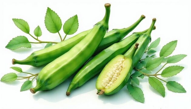Fresh green okra pods arranged on white background. One pod is cut revealing seeds inside. Leaves on branches surround the vegetables. Healthy food, organic produce, and natural ingredients.
