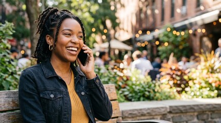 Fototapeta premium Happy young african american woman with braids laughing during smartphone call sitting on bench in urban street cafe lifestyle concept