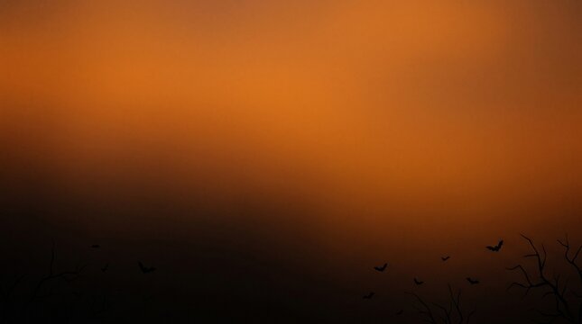 Spooky Halloween background with dark orange sky and flying bats silhouettes. Mysterious dramatic copy space twilight banner with bare tree branches for holiday party card.