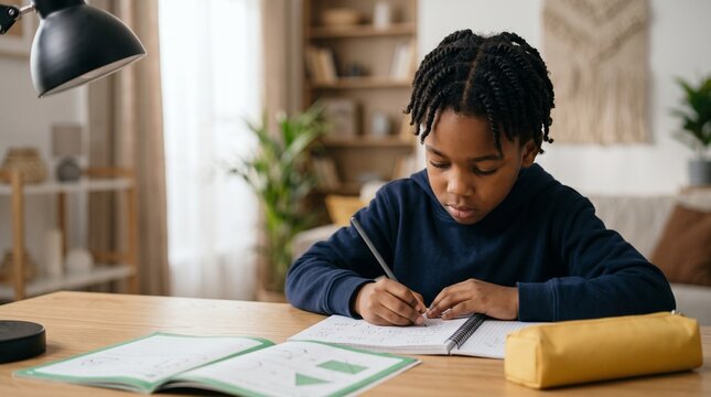 Focused Black boy doing school homework writing in notebook at desk in living room. African American child studying math and geometry concepts at home. Education, childhood and learning.