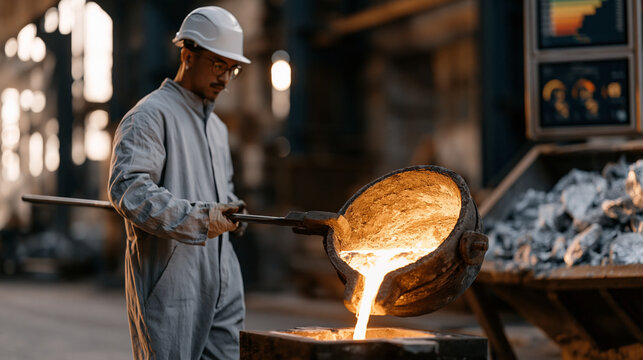 Factory worker in a circular economy aluminium casting plant carefully ladles molten recycled metal into a preheated mold, recycled ingot feedstock visible in a nearby hopper and