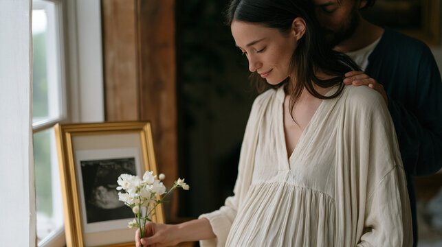 Woman placing single flower beside framed sonogram in quiet corner of bedroom, partner's hand on her shoulder, afternoon coming through curtain, grief visible in her stillness,