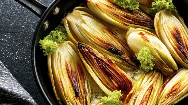 Roasted Belgian endive in a creamy sauce served in a skillet, showcasing elegant vegetarian cuisine, gourmet flavors and refined French-inspired cooking.