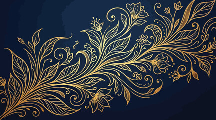 Intricate gold floral design with flowers and leaves on a navy blue background © Saharia