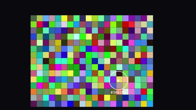 Colorful pixel grid motion background, with interactive color, picker tool, and hex code, overlay abstract