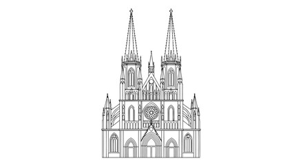Fototapeta premium Detailed black and white line drawing of a gothic cathedral with two spires and a rose window church