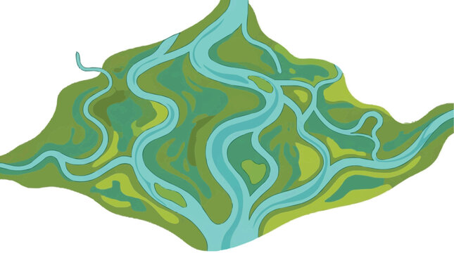2d FLAT MINIMALISM Abstract aerial view of a meandering river delta with green land masses PNG Isolated on transparent background vector