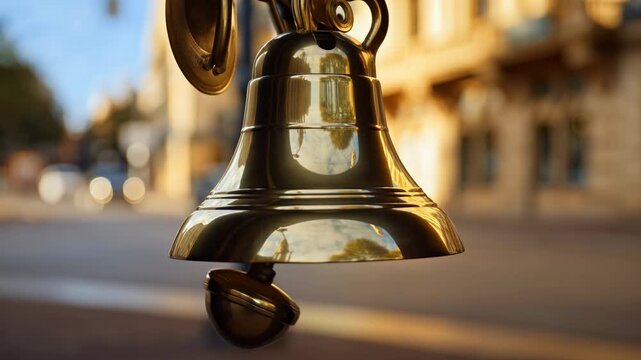 Polished brass bell hanging over sunlit city street with clapper settling near contact, warm reflections, soft urban backdrop, elegant metallic detail and subtle motion