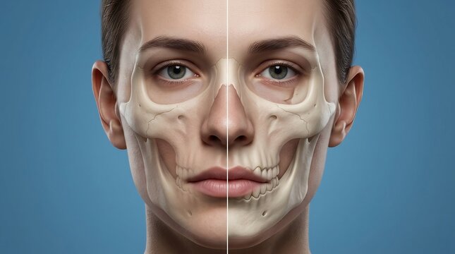 Human face anatomical comparison showing skin and underlying skull bone structure on blue background