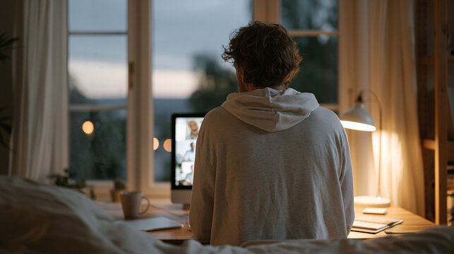 Remote worker sitting alone at a home desk as darkness falls outside a rain-streaked window, a video call grid of colleagues frozen mid-laugh on the monitor, the physical and