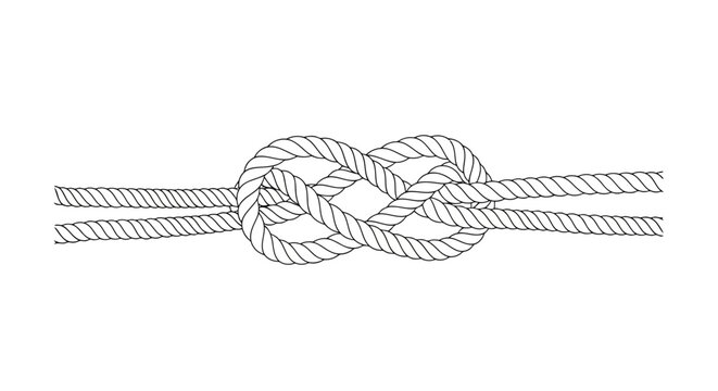 Double figure eight knot tied in thick rope with two parallel strands on white background Keywords: double figure eight knot, rope, nautical, sailing, marine