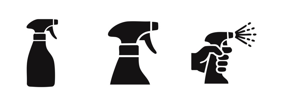 Cleaning Spray Bottle Silhouettes and Hand Spraying Icons