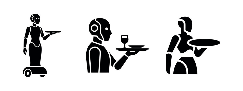 Service Robot Waiter and Hospitality Humanoid Silhouettes