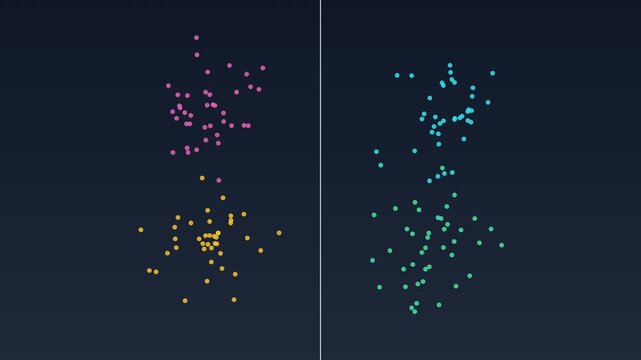 Data classification machine learning concept: linear separation of colored dot clusters artificial intelligence