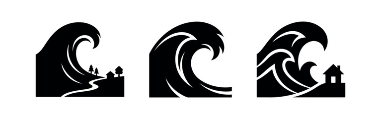 Fototapeta premium Tsunami Wave Icon Set. Large Ocean Waves Approaching and Engulfing a House, Natural Disaster Warning.