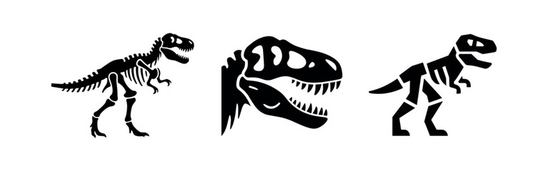 Tyrannosaurus Rex Skeleton and Skull Icons. Prehistoric Dinosaur Fossils and Paleontology Symbols. © Lili