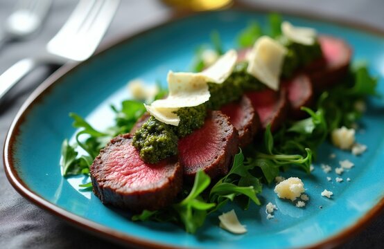 Sliced beef tagliata served on arugula with pesto and parmesan cheese. This dish is a gourmet meal for food lovers. Ideal for restaurant menus or culinary blogs.