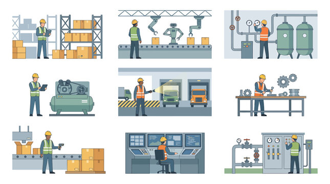 Factory and warehouse workers flat vector illustration set. Industrial engineers in logistics, assembly line, control room, and machine maintenance