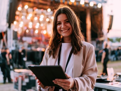 Smiling Female Event Coordinator Holding Tablet Backstage at Outdoor Concert Stage During Festival Setup