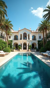 Elegant Mediterranean villa with clean blue swimming pool, palm trees, manicured garden, sunny day. White mansion with ornate facade, outdoor lounge chairs. Perfect vacation escape.