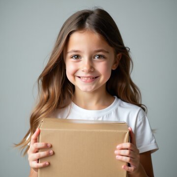 Young girl smiles holding brown paper package. Child looks happy with gift box, anticipating surprise. Kid wears white t-shirt, studio shot.