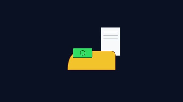 Flat animation of money bill entering yellow folder with document for financial success and business growth
