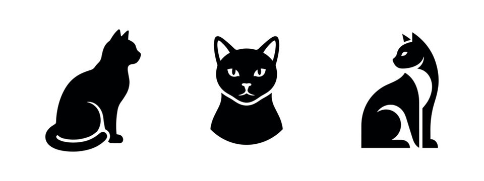 Black Cat Head and Sitting Poses Silhouettes Set. Feline Profile and Frontal Icons.