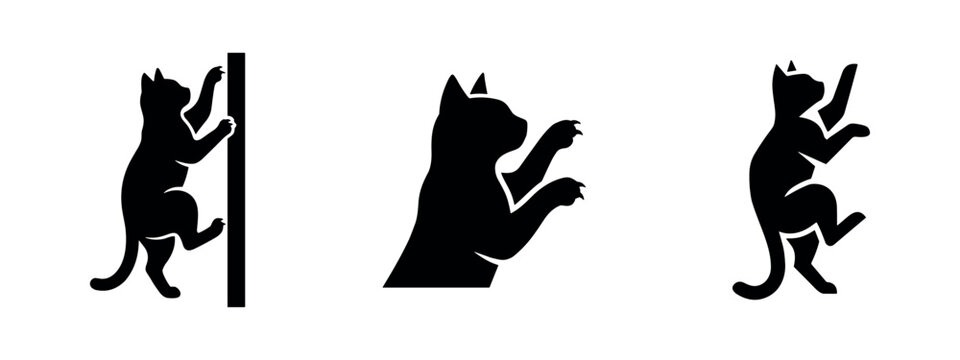 Black Cat Climbing and Scratching Silhouettes Set. Playful Feline Activity Icons.