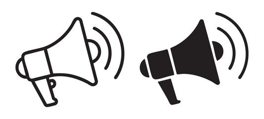 Megaphone alert communication announcement symbol graphic outline filled icon set.