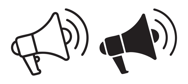 Megaphone alert communication announcement symbol graphic outline filled icon set.